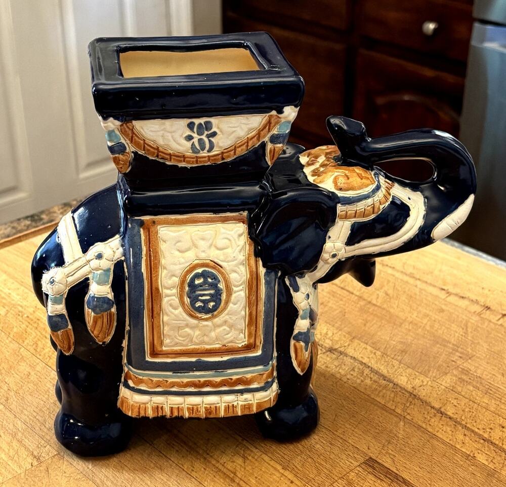 Vintage Chinoiserie Ceramic Elephant Planter Cobalt Blue Asian Hollywood Regency